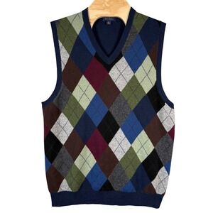 Club Room Sweater Vest Argyle Men M Navy Blue 100% Cashmere V-Neck Luxury Preppy